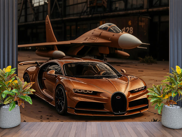 Car in bronze color Self-adhesive wall mural for workshop, office, study, or hall stylish wall mural "Sports car and fighter jet in a unified color scheme" ✈️🚗