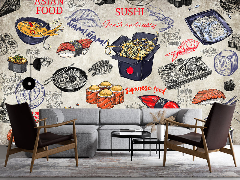 High-Quality Self-Adhesive Photo Wallpaper With Custom Design For Kitchen, Restaurant, Or Office – "Japanese Cuisine On A Dark Background" (Copy)