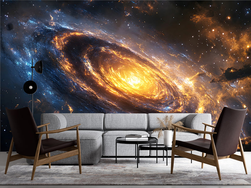 Art Design For Space Self-Adhesive Full Wall Wallpaper Print For Living Room And Bedroom "Spiral Galaxy In Fiery Glow" Design For Lovers Of The Mysterious Universe 🌌
