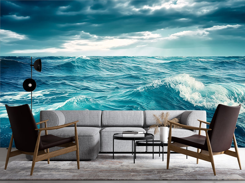 "Nature Print Modern Non-Woven Wallpaper for Bedroom, Lounge Area — 'Blue Sea Waves'"