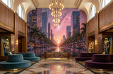 Sunset Cityscape Wall Mural Non-Woven Wallpaper Dreamy Pink Galaxy Urban Print