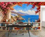 Impressionist Santorini Sea View Wall Mural - Mediterranean Terrace Oil Painting Non-Woven Wallpaper
