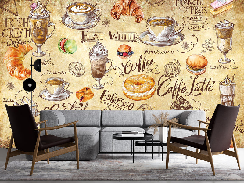 Non-woven wallpaper, vibrant wall decor for kitchen or café – "Coffee and Dessert in Vintage Style"