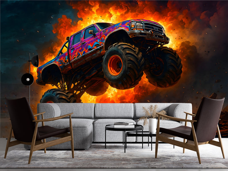 Car Print Peel and Stick Wall Mural for Full Wall in Hall, Office, Living Room "Monster Truck: Flame of Danger" 🔥🚙