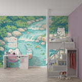 Kawaii Polar Bear Creek Picnic Nursery Wallpaper - Peel & Stick Mural