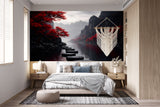 Moody Japanese Zen Garden Wall Mural - Dark Mist Mountains Peel and Stick Wallpaper