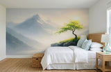 Serene Mountain Mist and Lone Tree Wall Mural - Non-Woven Wallpaper