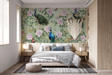 Self-Adhesive Wall Mural “Vintage Peacocks Among Roses” for Living Room