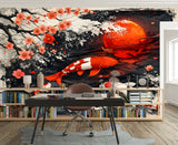 Japanese Koi Fish Wall Mural - Zen Red Sun & Cherry Blossom Ink Art Peel and Stick Wallpaper