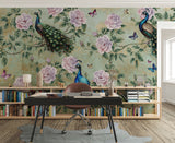 Self-Adhesive Wall Mural “Vintage Peacocks Among Roses” for Living Room