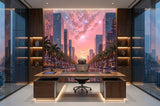 Sunset Cityscape Wall Mural Non-Woven Wallpaper Dreamy Pink Galaxy Urban Print
