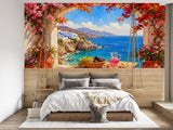 Impressionist Santorini Sea View Wall Mural - Mediterranean Terrace Oil Painting Non-Woven Wallpaper