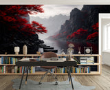 Moody Japanese Zen Garden Wall Mural - Dark Mist Mountains Peel and Stick Wallpaper