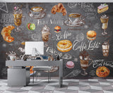 High-Quality Peel and Stick Full-Wall Mural Wallpaper, Vibrant Wallpaper for Kitchen Design, Interior Idea for Café or Restaurant — "Coffee and Dessert on a Dark Background"