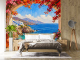 Impressionist Santorini Sea View Wall Mural - Mediterranean Terrace Oil Painting Non-Woven Wallpaper