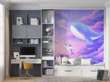 Dreamy Space Whale Wall Mural - Pastel Purple Clouds & Planets Nursery Non-Woven Wallpaper