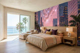 Sunset Cityscape Wall Mural Non-Woven Wallpaper Dreamy Pink Galaxy Urban Print