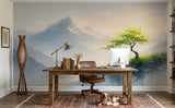 Serene Mountain Mist and Lone Tree Wall Mural - Non-Woven Wallpaper
