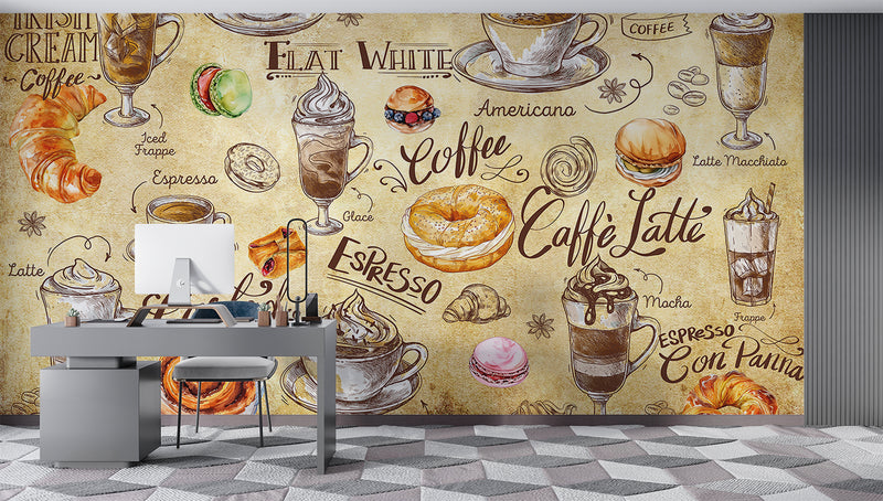 Non-woven wallpaper, vibrant wall decor for kitchen or café – "Coffee and Dessert in Vintage Style"