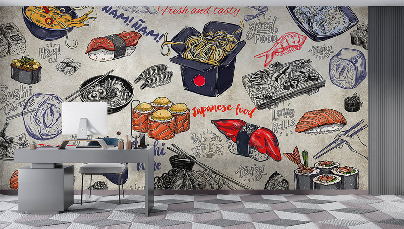 High-Quality Self-Adhesive Photo Wallpaper With Custom Design For Kitchen, Restaurant, Or Office – "Japanese Cuisine On A Dark Background" (Copy)