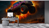 Car Print Peel and Stick Wall Mural for Full Wall in Hall, Office, Living Room "Monster Truck: Flame of Danger" 🔥🚙
