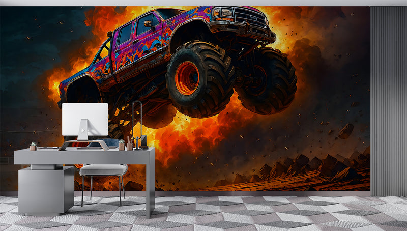 Car Print Peel and Stick Wall Mural for Full Wall in Hall, Office, Living Room "Monster Truck: Flame of Danger" 🔥🚙