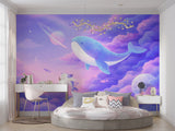 Dreamy Space Whale Wall Mural - Pastel Purple Clouds & Planets Nursery Non-Woven Wallpaper
