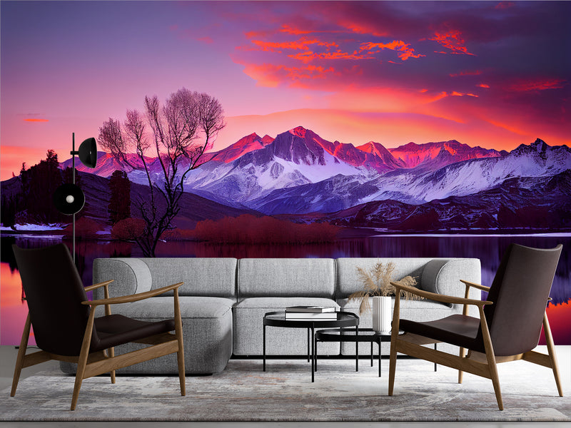 Bedroom and Living Room Wallpapers – Natural Print, Traditional Wall Murals for Accent Wall "Magnetic Mountains in Sunset Rays", Bold Design 🌄