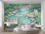 Kawaii Polar Bear Creek Picnic Nursery Wallpaper - Peel & Stick Mural