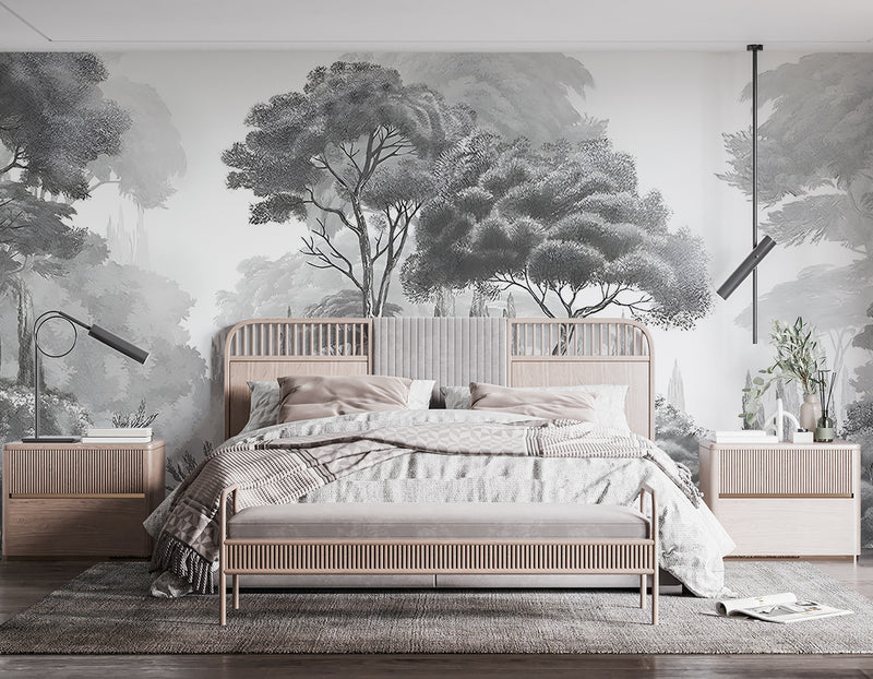 Vintage Style Art Print Graphic Non-Woven Wallpaper Black And White, Grey Shade For Office, Living Room, Bedroom 'Black And White Landscape: Forest Harmony' 🌲