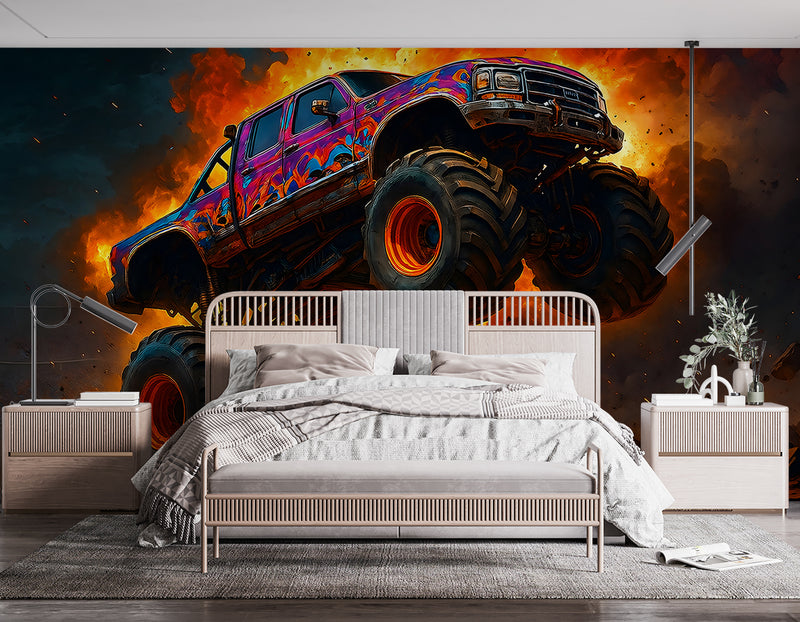 Car Print Peel and Stick Wall Mural for Full Wall in Hall, Office, Living Room "Monster Truck: Flame of Danger" 🔥🚙