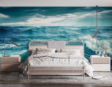 "Nature Print Modern Non-Woven Wallpaper for Bedroom, Lounge Area — 'Blue Sea Waves'"