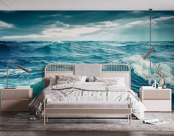"Nature Print Modern Non-Woven Wallpaper for Bedroom, Lounge Area — 'Blue Sea Waves'"
