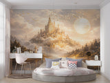 Enchanted fairytale castle in the clouds at sunset wall mural for a magical nursery or kids bedroom decor
