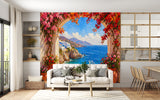 Impressionist Santorini Sea View Wall Mural - Mediterranean Terrace Oil Painting Non-Woven Wallpaper