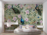 Self-Adhesive Wall Mural “Vintage Peacocks Among Roses” for Living Room