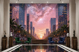 Sunset Cityscape Wall Mural Non-Woven Wallpaper Dreamy Pink Galaxy Urban Print