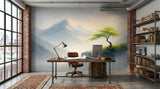 Serene Mountain Mist and Lone Tree Wall Mural - Non-Woven Wallpaper