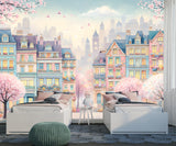 Whimsical Spring Town Wall Mural – Colorful Fantasy Houses Peel and Stick Wallpaper