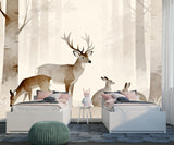 Forest Animals Non-Woven Wallpaper for Kids’ Room Calm Tones for Playroom Deer and Rabbit Wall Print  Forest Design Art Wall Mural