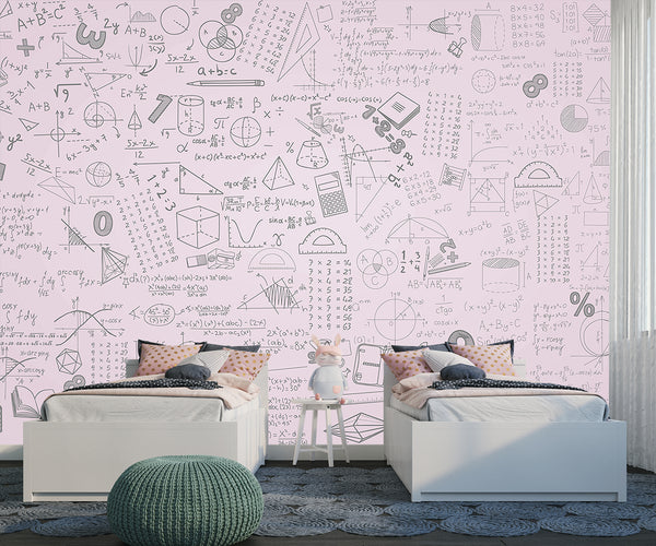 Mathematical shapes and tasks Pastel background Wallpaper for kids’ room Soft pink color for a girl’s room Educational print Peel and stick wall mural Classroom poster Full wall art