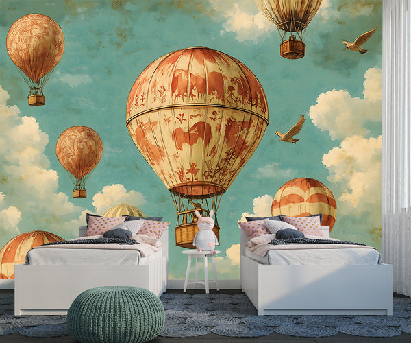 Peel and Stick Kids Wall Mural Hot Air Balloon Adventures Print Vintage Style Wall Mural Wall Art Playroom Desing Adventure Lovers Poster