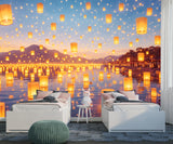 Peel and Stick Wall Mural Glowing Lanterns Over Water – Dreamy Nature Night Print for Kids Room