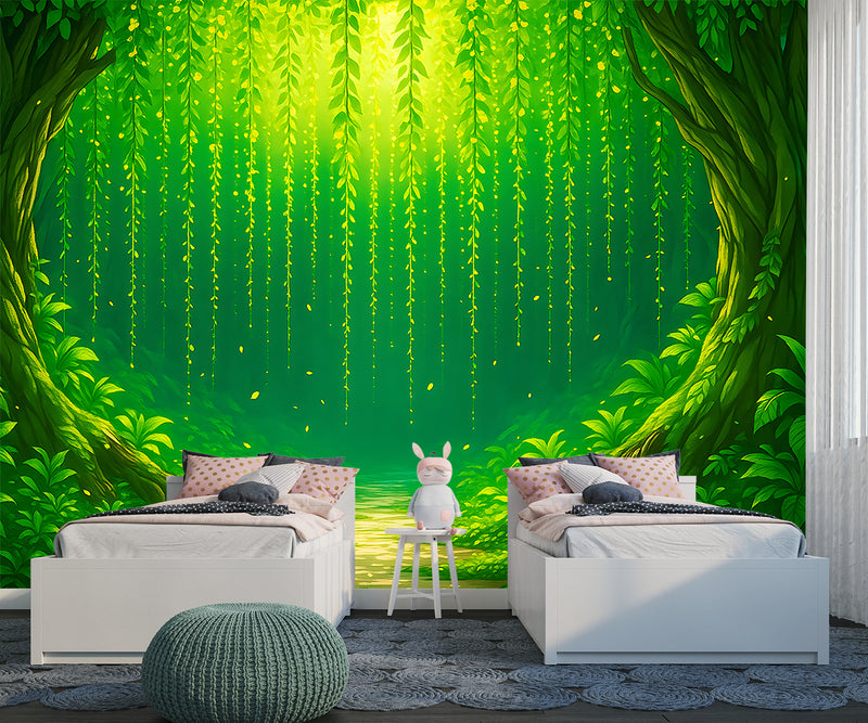 Nature Art For Kids Room Wallpaper Print For Nursery Self-Adhesive Wall Mural For Baby Room Full Wall Poster "Green Arch In The Forest"🌿