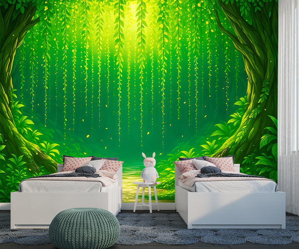 Nature Art For Kids Room Wallpaper Print For Nursery Self-Adhesive Wall Mural For Baby Room Full Wall Poster "Green Arch In The Forest"🌿