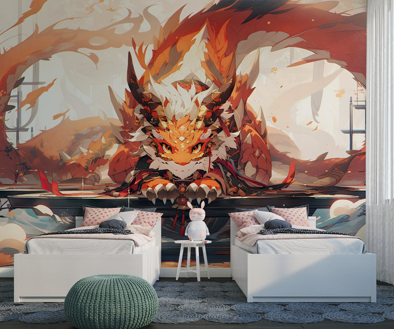 Anime Print Self-Adhesive Wallpaper For Whole Wall Animation Style For Kids Room, Living Room "Japanese Dragon Guardian" 🐉