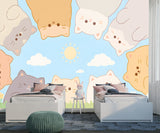 Pastel Cute Cats Peel and Stick Wallpaper – Kawaii Cat Circle Sky & Grass Wall Mural for Kids Room