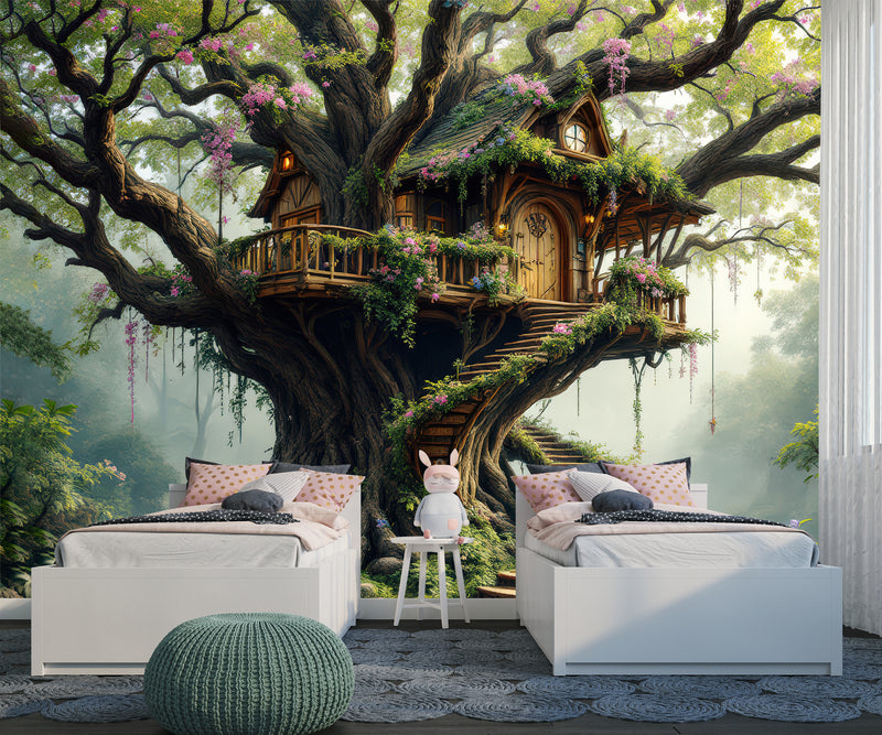 Children’s Dream Fantasy-Themed Mural Desing, Self-Adhesive Kids Wallpaper, Nursery Room Print, ‘Treehouse’ Wall Art