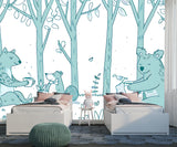 Cute Cartoon Illustration Bear Family Having Picnic in the Woods – Peel and Stick Wall Mural for Kids Room & Nursery