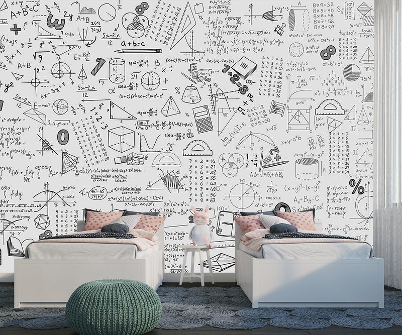 Graphic wallpaper Science theme Mathematical wallpaper Full wall peel and stick mural for kids’ room or living room Educational space print Gray background "Mathematical Formulas" 🧮